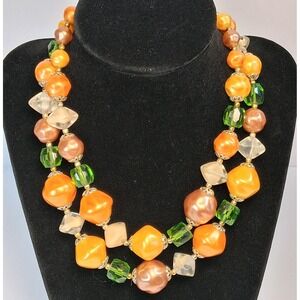 Vintage Japan Double Strand Glass & Lucite Necklace Lumpy Art Glass Glow Finish